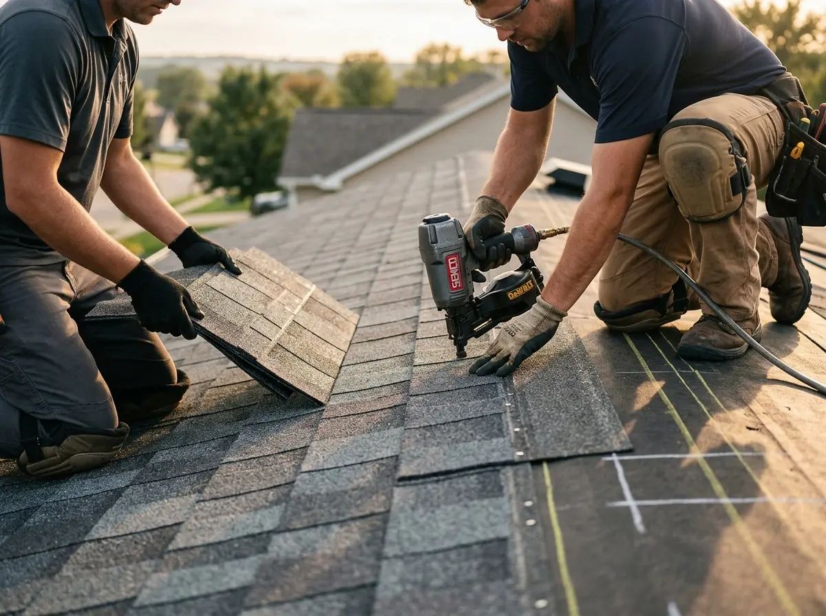 Professional roofer working on a residential roof in Atlantic Beach